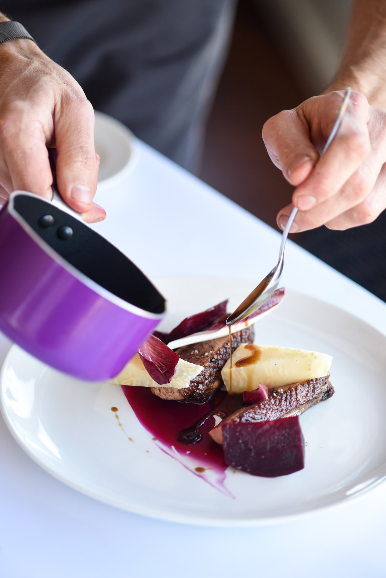 Peter Knibb plating autumn duck with beetroot, parsnip and a rich jus
